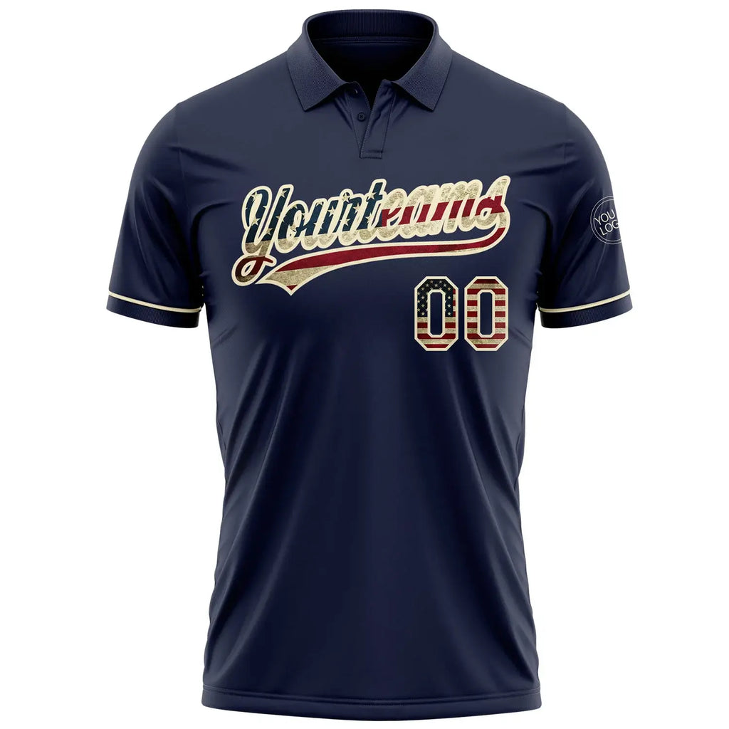 Custom Navy Vintage USA Flag Golf Polo Shirt Cream Performance Vapor, Custom Logo, Men Women Unisex