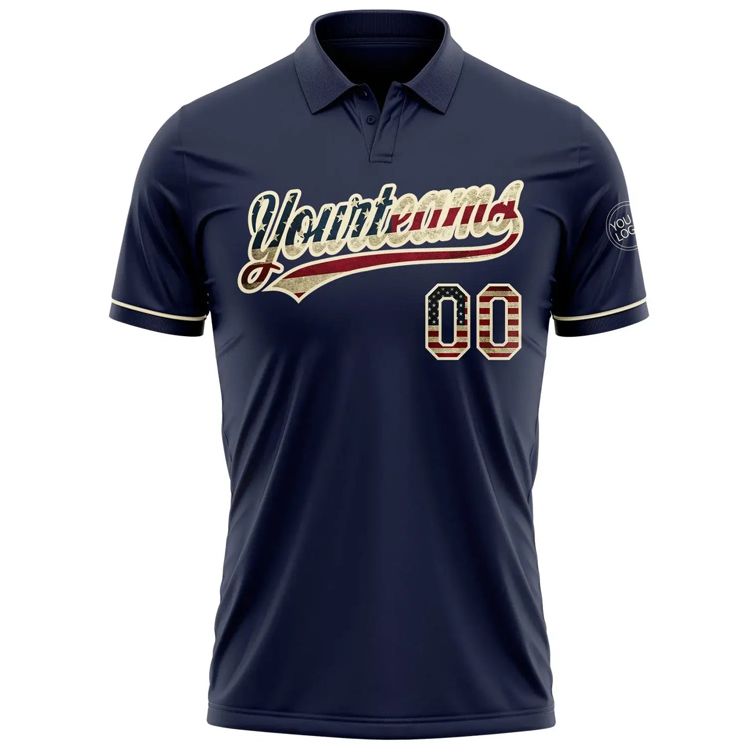 Custom Navy Vintage USA Flag Golf Polo Shirt Cream Performance Vapor, Custom Logo, Men Women Unisex