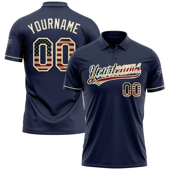 Custom Navy Vintage USA Flag Golf Polo Shirt Cream Performance Vapor, Custom Logo, Men Women Unisex