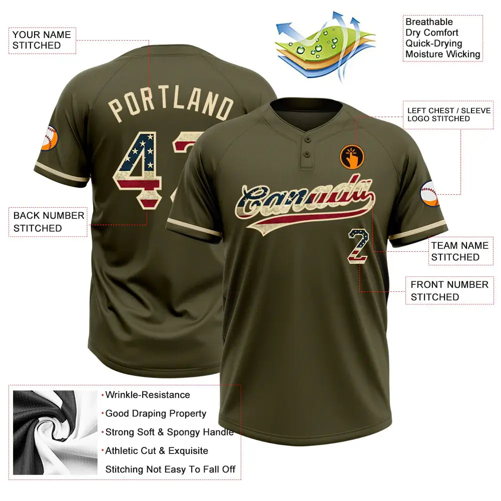 Custom 2-Button Softball Jersey Olive Vintage USA Flag City Cream Salute To Service Sublimation, Custom Name Number, Women Girls Unisex Youth