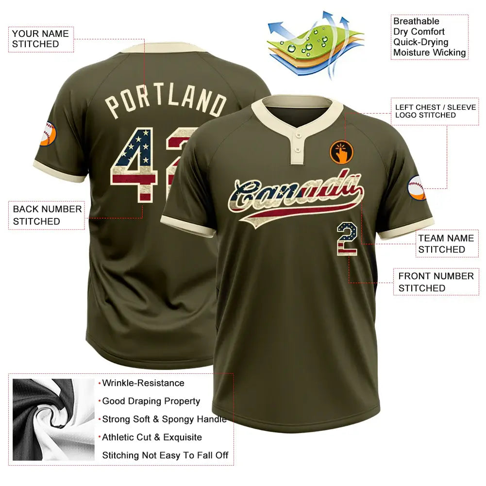 Custom 2-Button Softball Jersey Olive Vintage USA Flag Cream Salute To Service Sublimation, Custom Name Number, Women Girls Unisex Youth