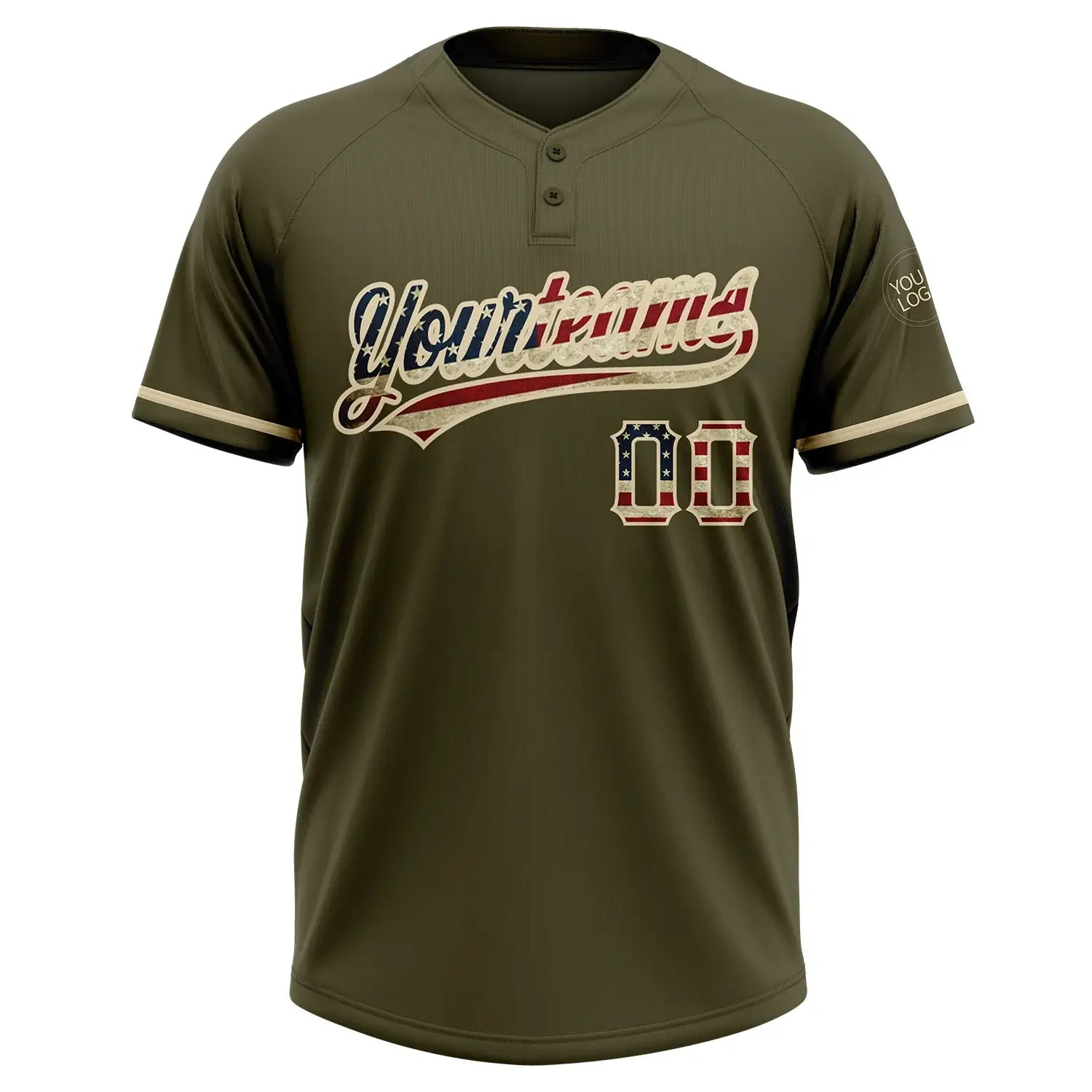 Custom 2-Button Softball Jersey Olive Vintage USA Flag City Cream Salute To Service Sublimation, Custom Name Number, Women Girls Unisex Youth