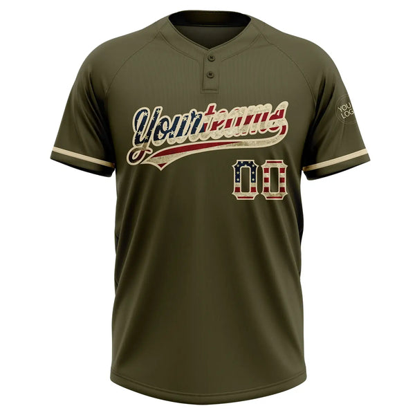 Custom 2-Button Softball Jersey Olive Vintage USA Flag City Cream Salute To Service Sublimation, Custom Name Number, Women Girls Unisex Youth