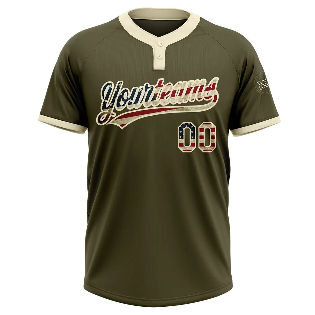 Custom 2-Button Softball Jersey Olive Vintage USA Flag Cream Salute To Service Sublimation, Custom Name Number, Women Girls Unisex Youth