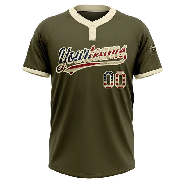 Custom 2-Button Softball Jersey Olive Vintage USA Flag Cream Salute To Service Sublimation, Custom Name Number, Women Girls Unisex Youth