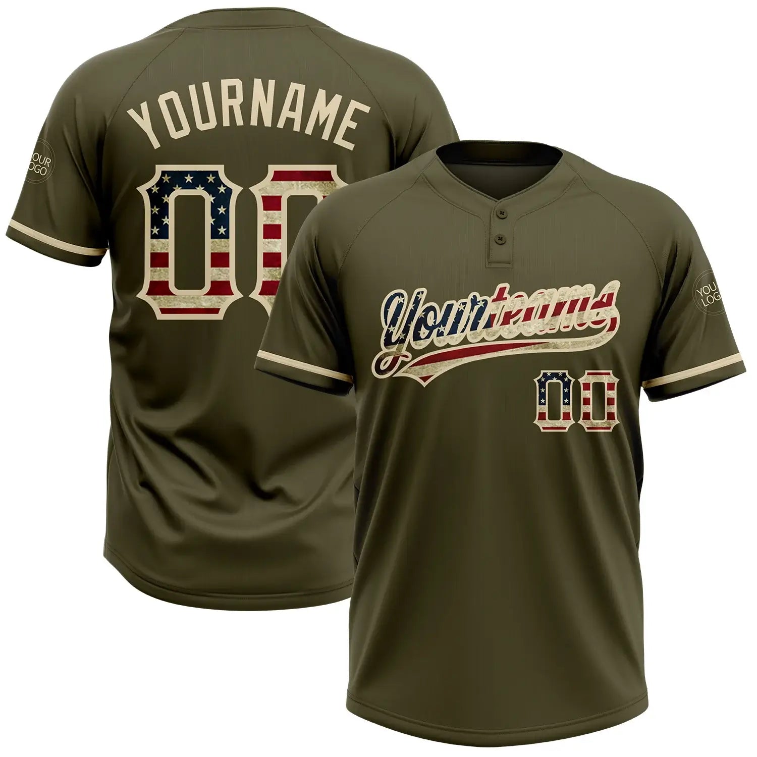 Custom 2-Button Softball Jersey Olive Vintage USA Flag City Cream Salute To Service Sublimation, Custom Name Number, Women Girls Unisex Youth