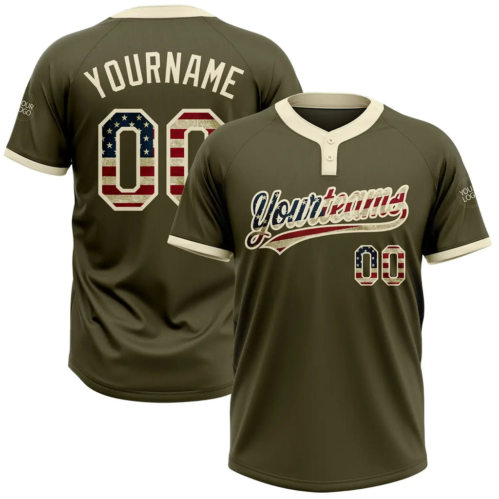 Custom 2-Button Softball Jersey Olive Vintage USA Flag Cream Salute To Service Sublimation, Custom Name Number, Women Girls Unisex Youth