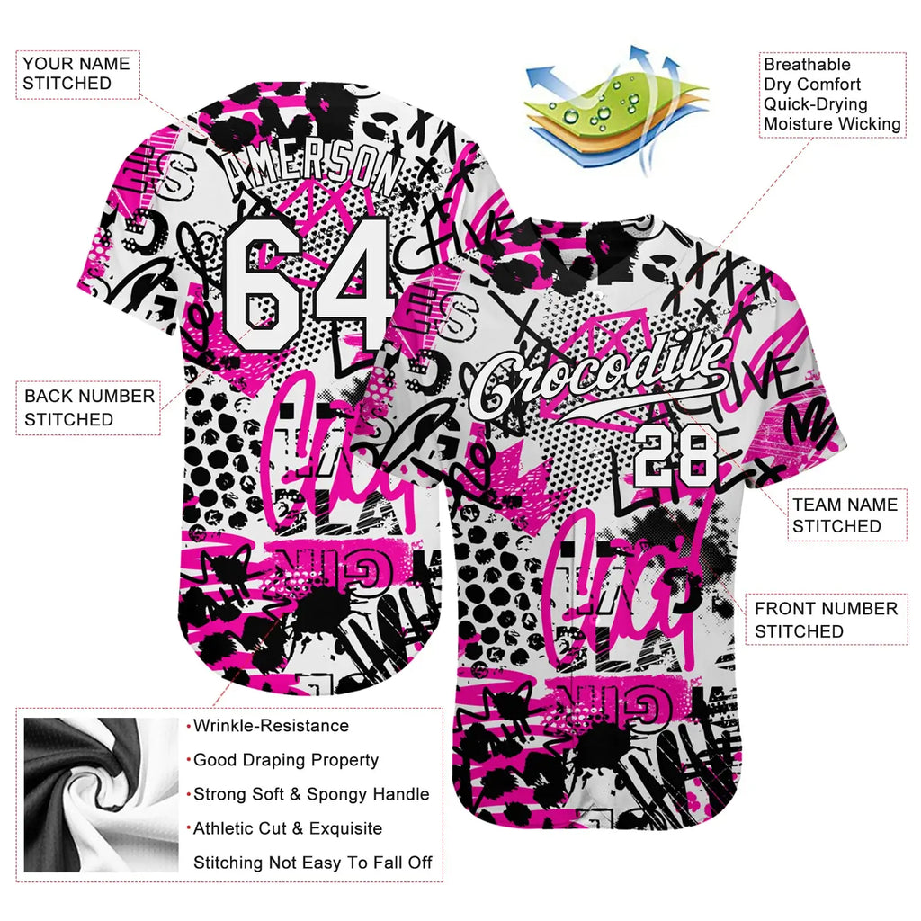 Custom Graffiti Pattern Baseball Jersey White Black Sublimation, Custom Name Number, Men Youth Unisex