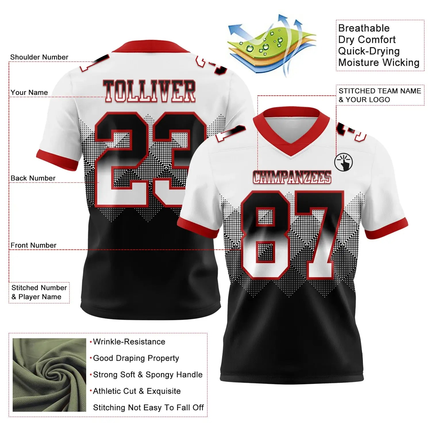 Custom Gradient Geometric Flag Football Jersey White Black Red Sublimation, Custom Name Number, Men Youth Unisex