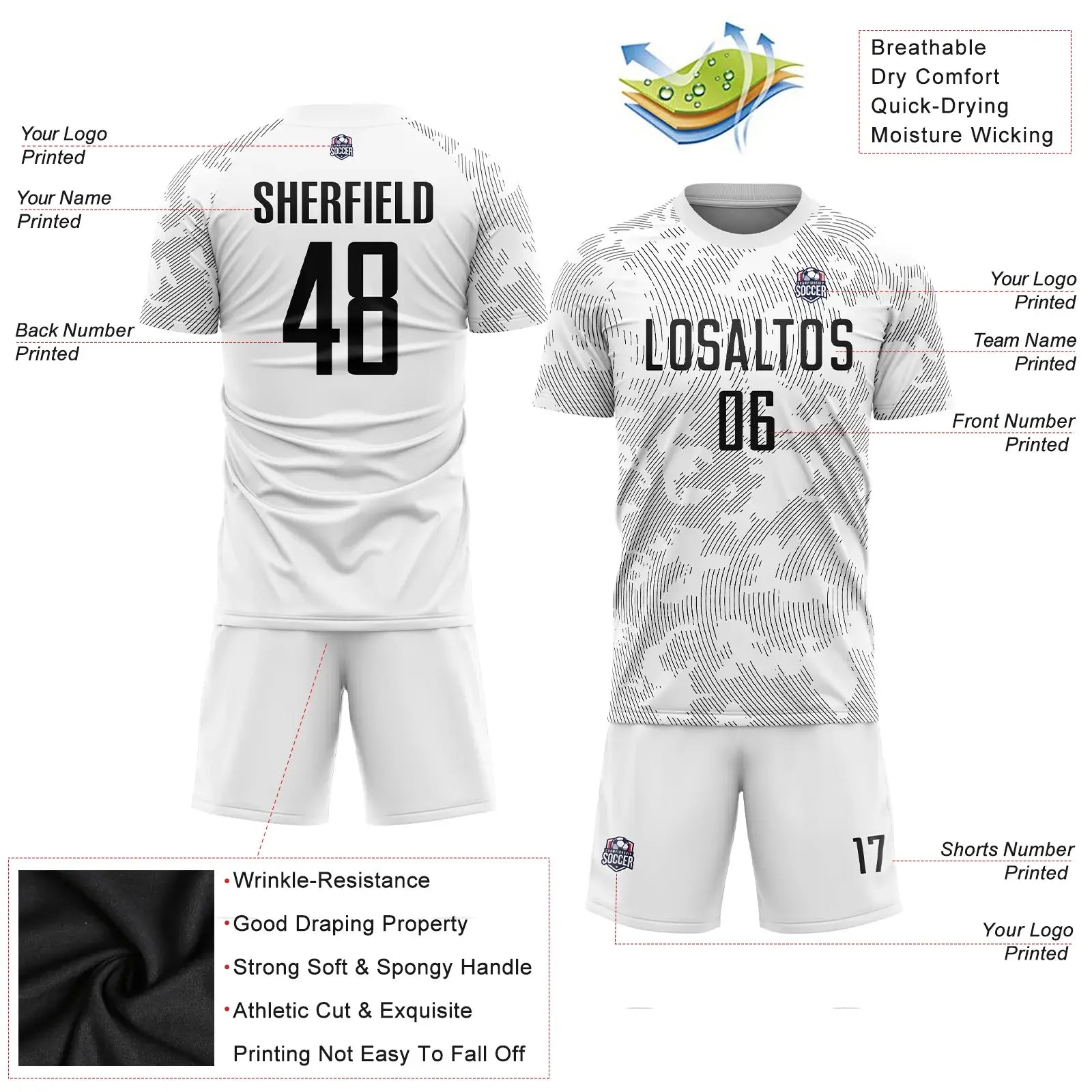 Custom Soccer Jersey White Black Sublimation, Team Uniform Kit, Custom Name Number, Unisex Men Women Youth