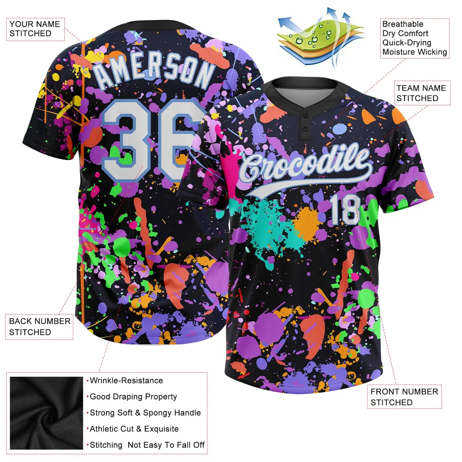 Custom 2-Button Graffiti Pattern Softball Jersey 3D White Light Blue Sublimation, Custom Name Number, Women Girls Unisex Youth