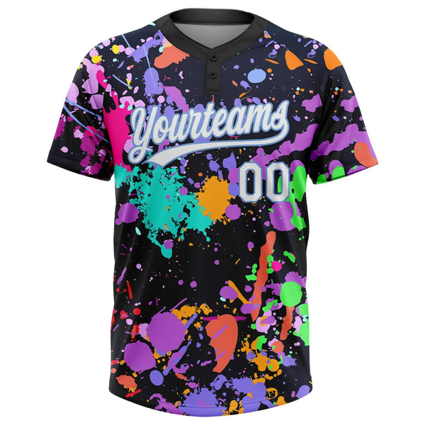 Custom 2-Button Graffiti Pattern Softball Jersey 3D White Light Blue Sublimation, Custom Name Number, Women Girls Unisex Youth