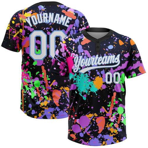 Custom 2-Button Graffiti Pattern Softball Jersey 3D White Light Blue Sublimation, Custom Name Number, Women Girls Unisex Youth