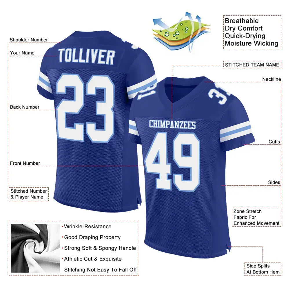 Custom Mesh Football Jersey Royal White Light Blue Pro Style Sublimation, Custom Name Number, Men Youth Unisex