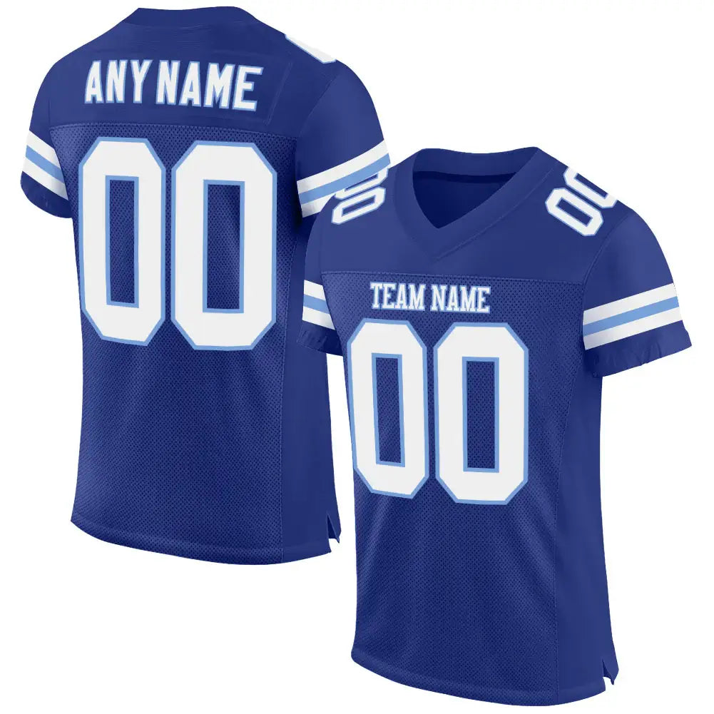 Custom Mesh Football Jersey Royal White Light Blue Pro Style Sublimation, Custom Name Number, Men Youth Unisex