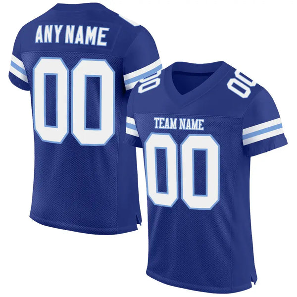 Custom Mesh Football Jersey Royal White Light Blue Pro Style Sublimation, Custom Name Number, Men Youth Unisex