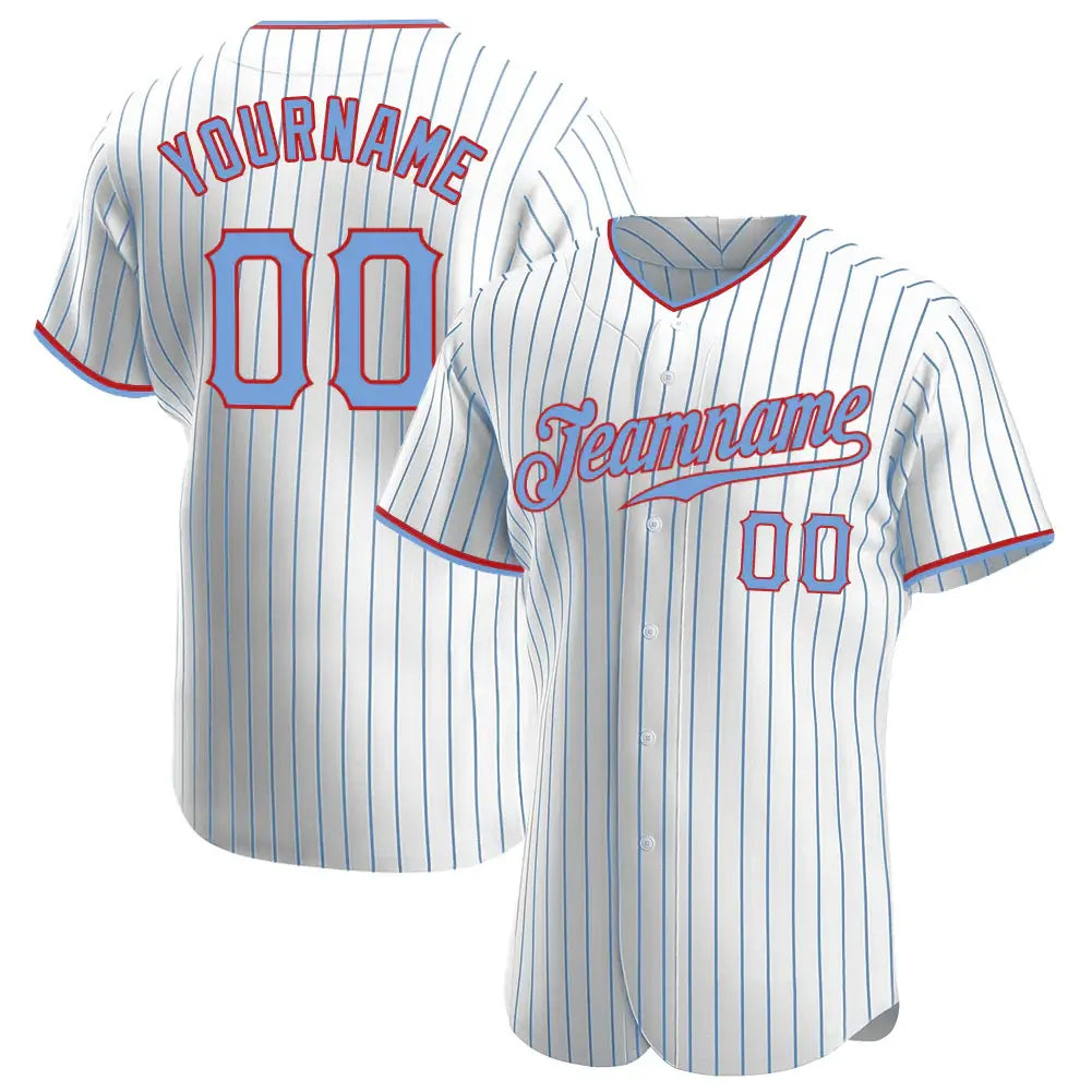 Custom White Light Blue Pinstripe Baseball Jersey Light Blue Red Sublimation, Custom Name Number, Men Youth Unisex