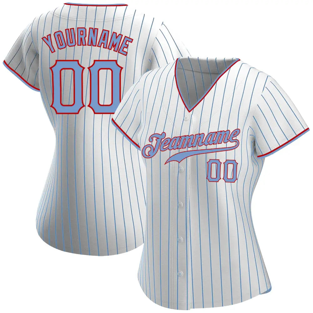 Custom White Light Blue Pinstripe Baseball Jersey Light Blue Red Sublimation, Custom Name Number, Men Youth Unisex