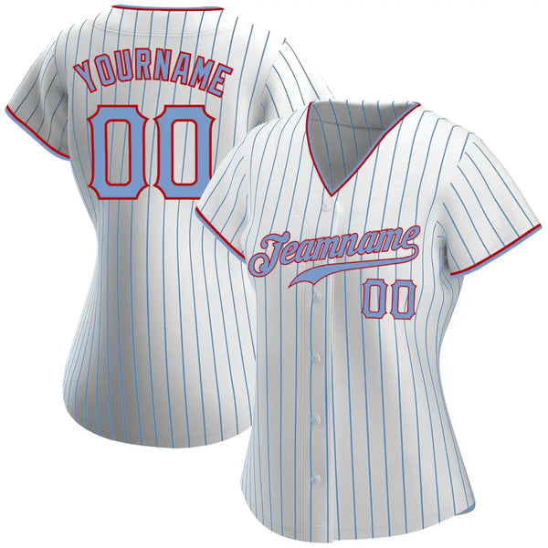 Custom White Light Blue Pinstripe Baseball Jersey Light Blue Red Sublimation, Custom Name Number, Men Youth Unisex