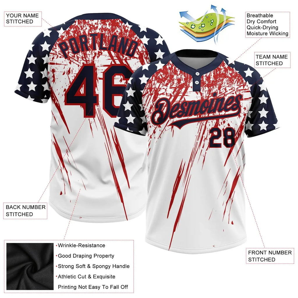 Custom 2-Button Softball Jersey American Flag Fashion 3D White Navy Red Sublimation, Custom Name Number, Women Girls Unisex Youth