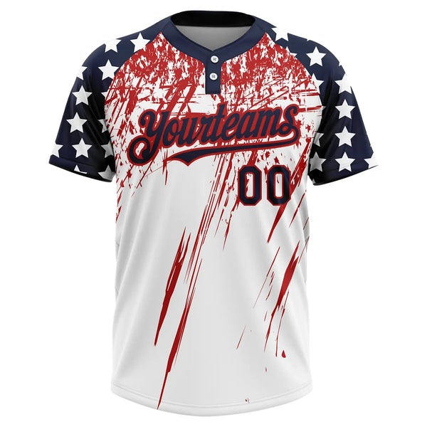 Custom 2-Button Softball Jersey American Flag Fashion 3D White Navy Red Sublimation, Custom Name Number, Women Girls Unisex Youth
