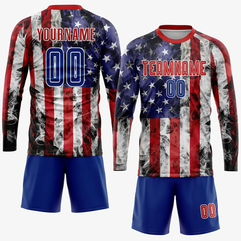 Custom Soccer Jersey White Royal Red American Flag Fashion Sublimation, Team Uniform Kit, Custom Name Number, Unisex Men Women Youth