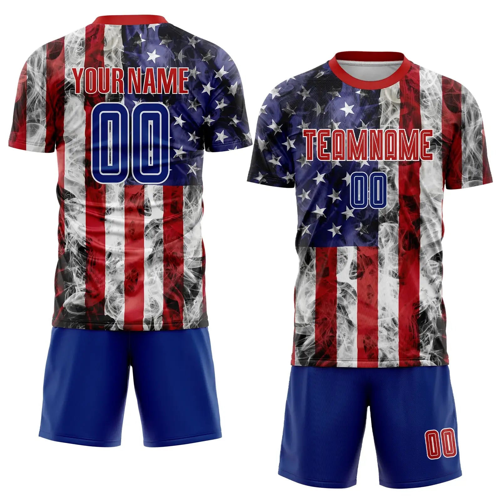 Custom Soccer Jersey White Royal Red American Flag Fashion Sublimation, Team Uniform Kit, Custom Name Number, Unisex Men Women Youth