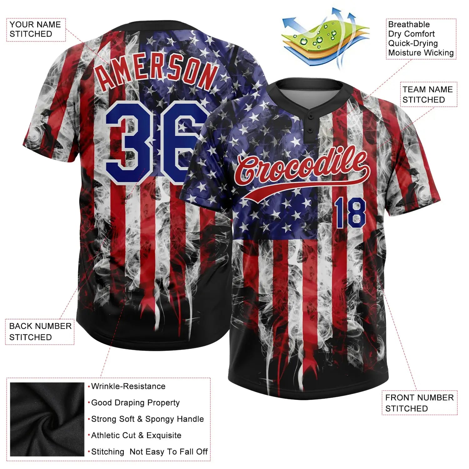 Custom 2-Button Softball Jersey American Flag Patriotic 3D White Royal Blue Red Sublimation, Custom Name Number, Women Girls Unisex Youth
