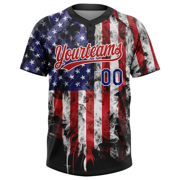 Custom 2-Button Softball Jersey American Flag Patriotic 3D White Royal Blue Red Sublimation, Custom Name Number, Women Girls Unisex Youth