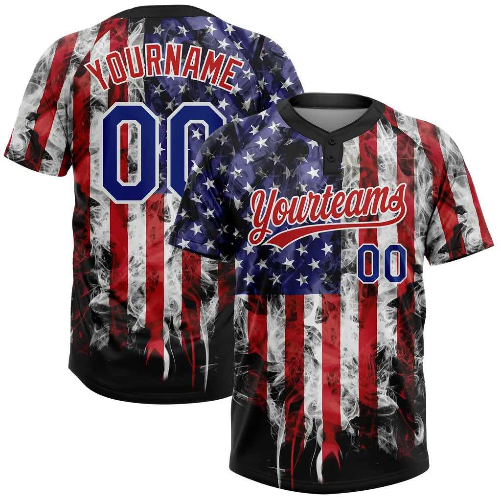 Custom 2-Button Softball Jersey American Flag Patriotic 3D White Royal Blue Red Sublimation, Custom Name Number, Women Girls Unisex Youth
