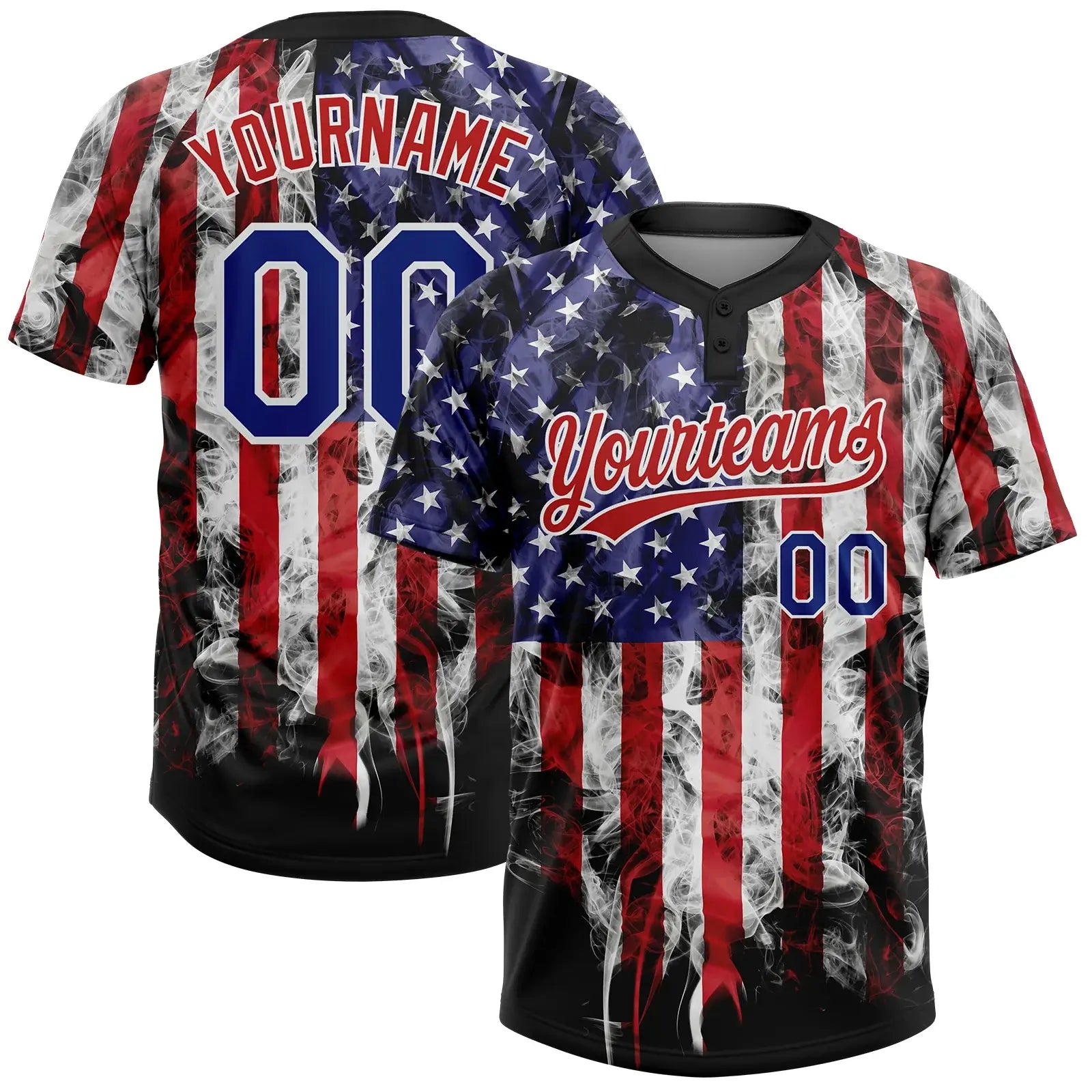 Custom 2-Button Softball Jersey American Flag Patriotic 3D White Royal Blue Red Sublimation, Custom Name Number, Women Girls Unisex Youth