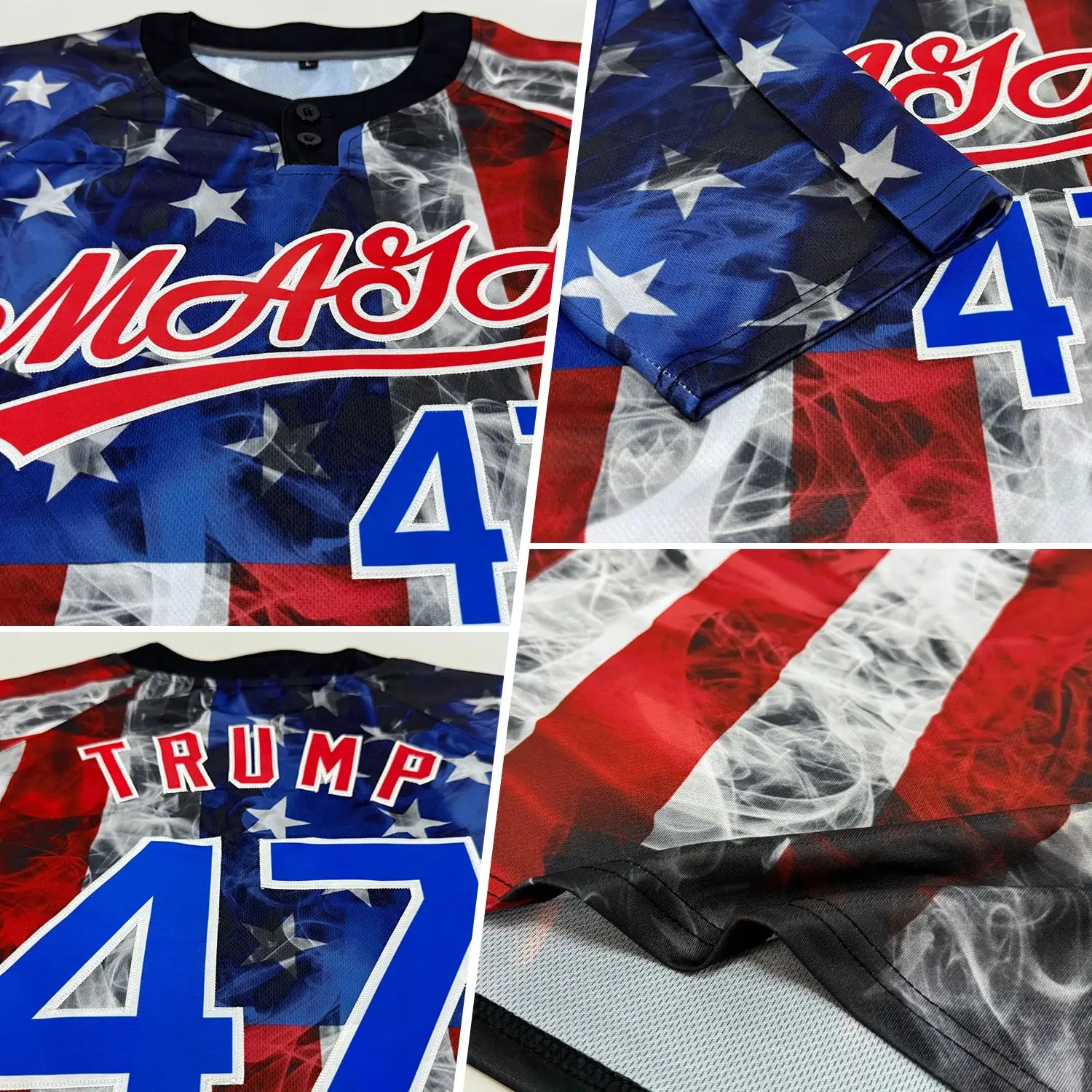 Custom 2-Button Softball Jersey American Flag Patriotic 3D White Royal Blue Red Sublimation, Custom Name Number, Women Girls Unisex Youth