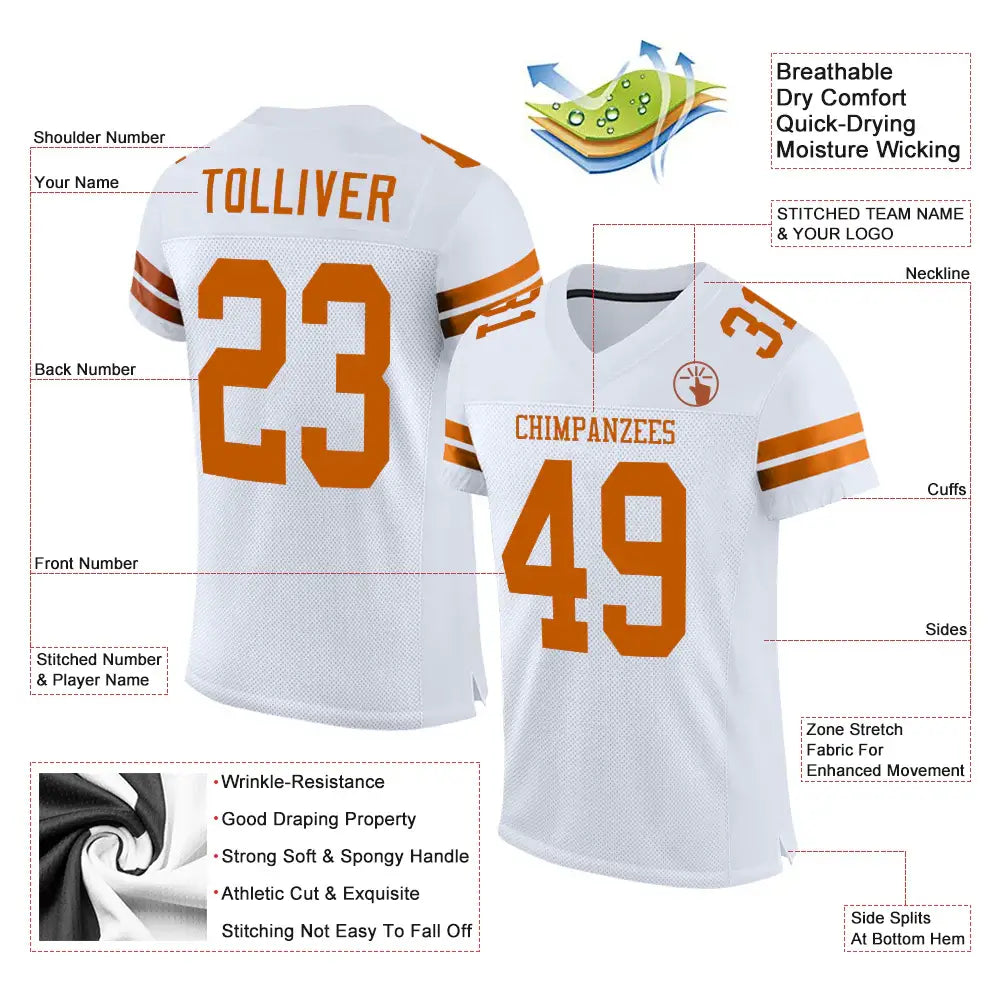 Custom Mesh Football Jersey White Texas Orange Pro Style Sublimation, Custom Name Number, Men Youth Unisex