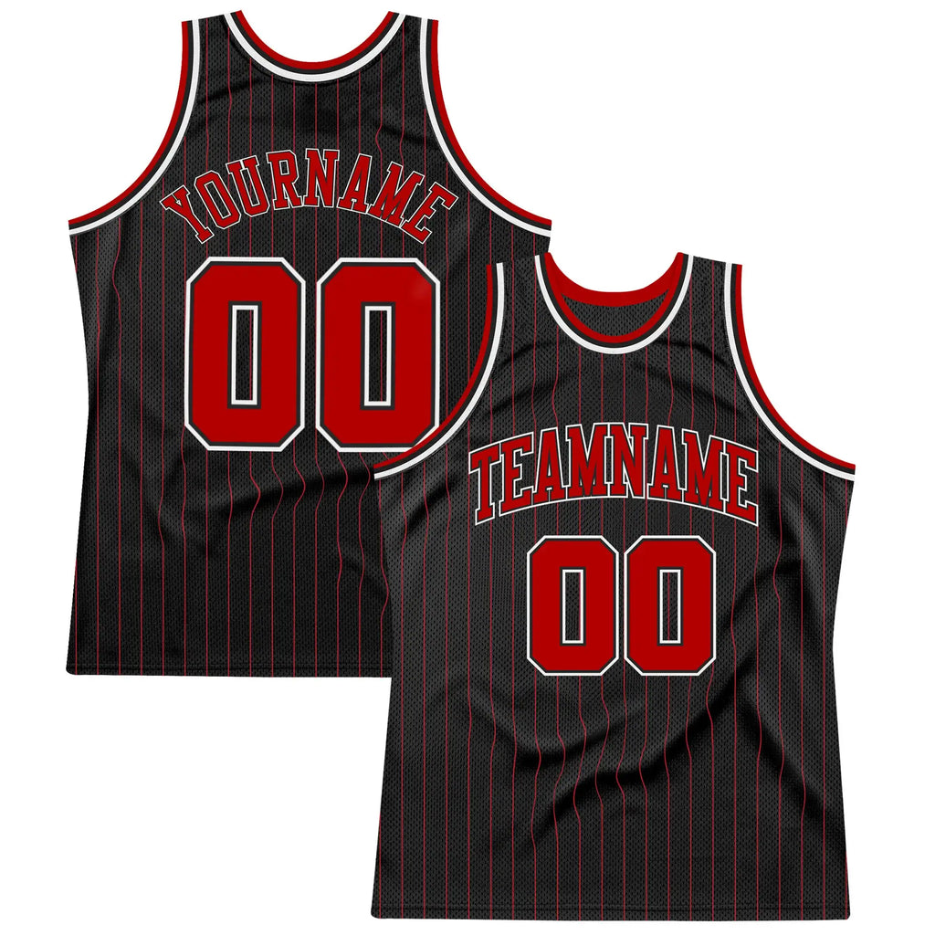 Custom Black  Red Pinstripe Basketball Jersey Red White Stitched Personalized Name Number