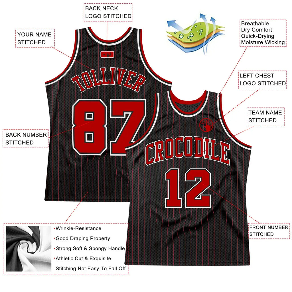 Custom Black  Red Pinstripe Basketball Jersey Red White Stitched Personalized Name Number