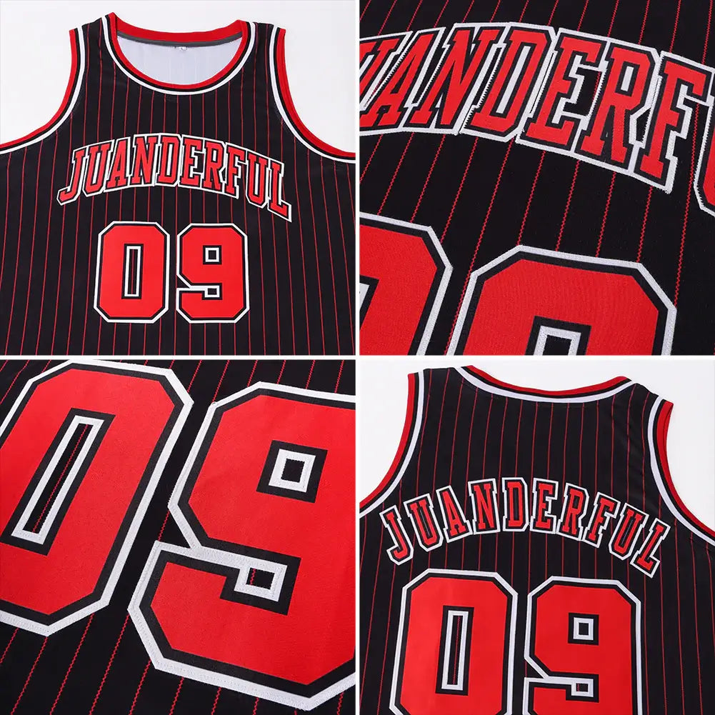 Custom Black  Red Pinstripe Basketball Jersey Red White Stitched Personalized Name Number