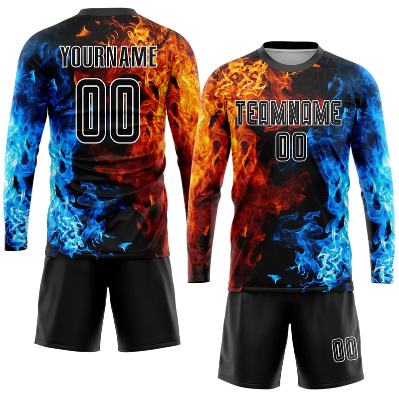 custom figure black-white flame sublimation long sleeves soccer uniform jersey with shorts