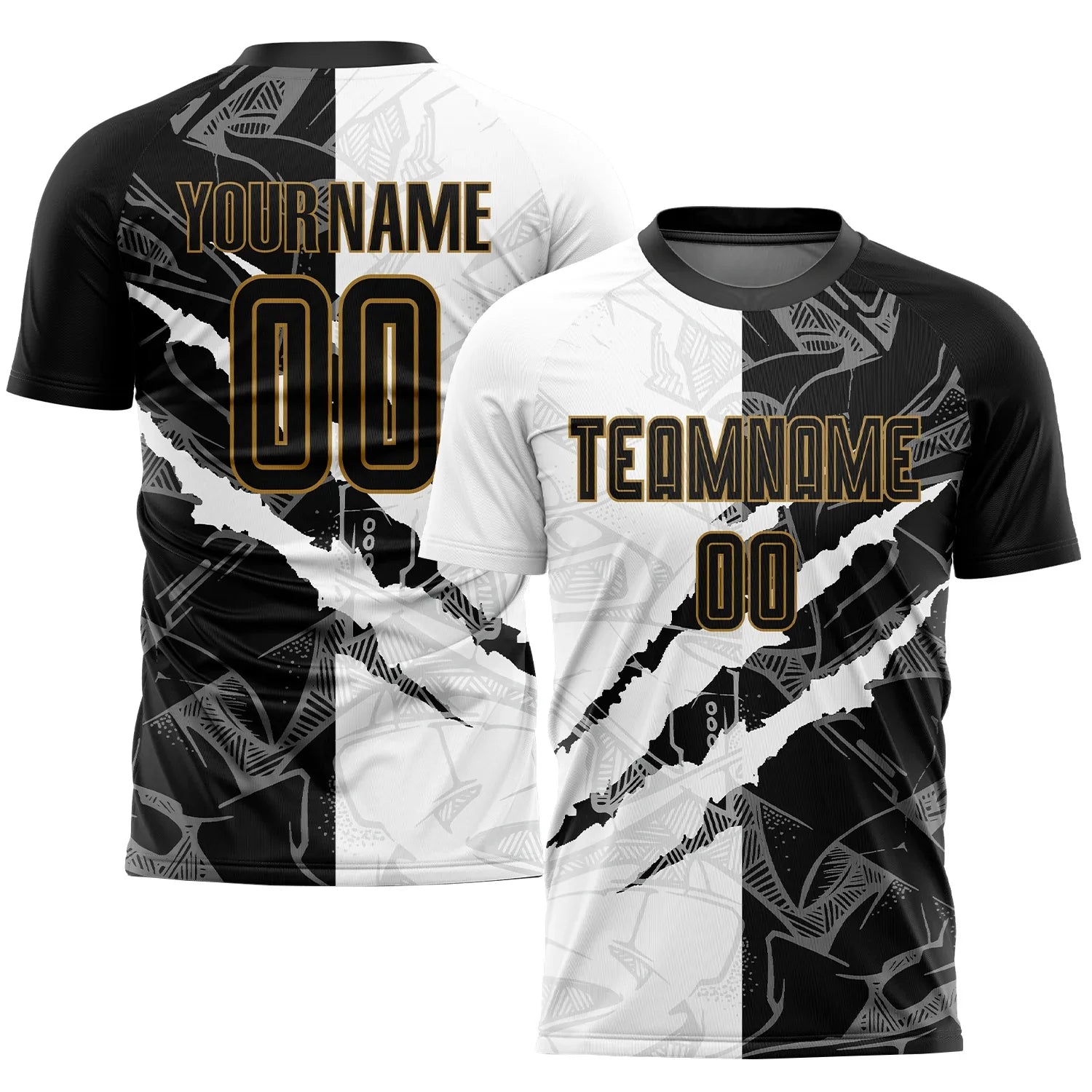 custom graffiti pattern black-old gold scratch sublimation soccer uniform jersey