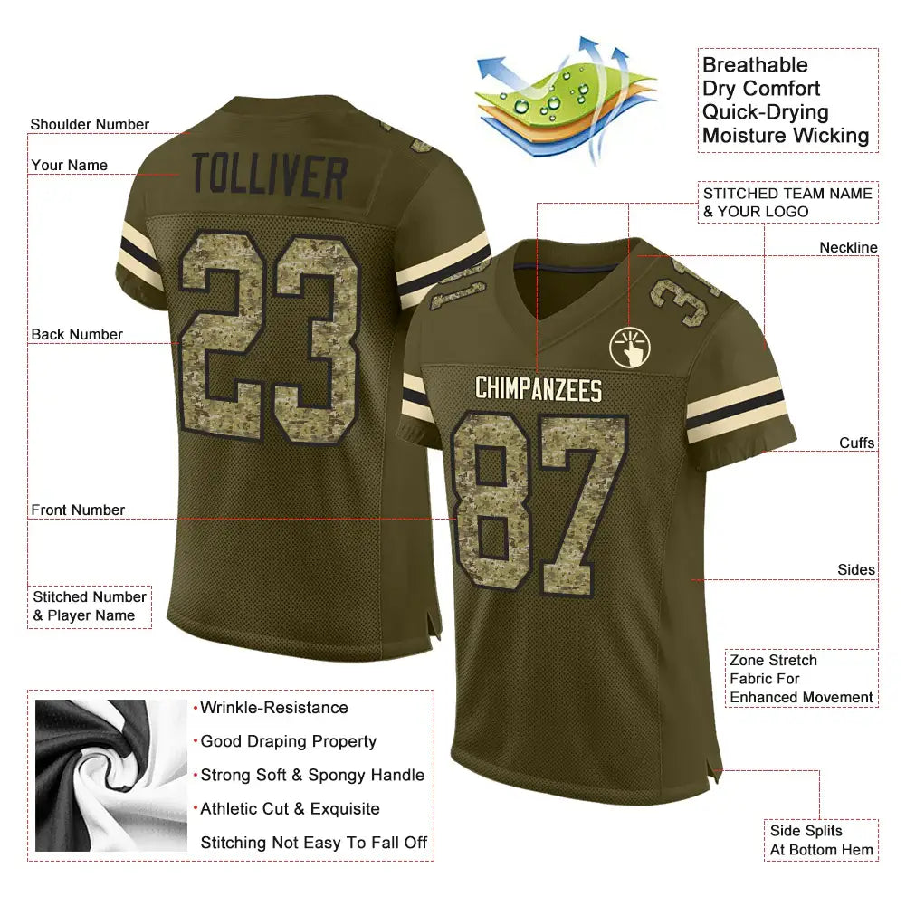 Custom Mesh Football Jersey Olive Camo Black Pro Style Sublimation, Custom Name Number, Men Youth Unisex