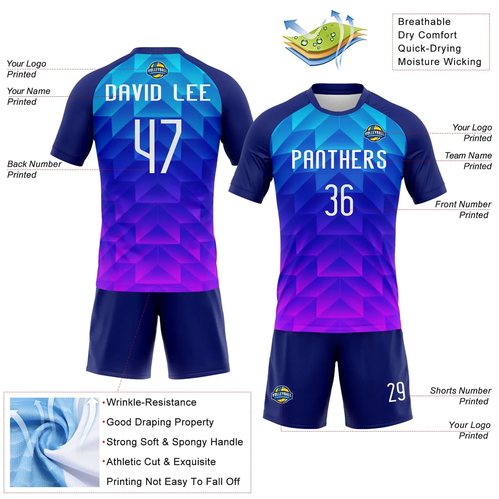 Custom Geometric Shape Volleyball Jersey Royal White Pink Sublimation, Custom Name Number, Women Girls Unisex Youth