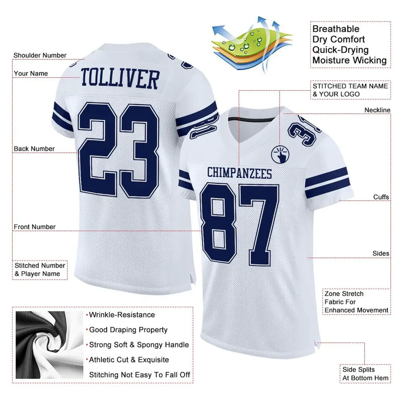 custom white, navy, and accent white football jersey