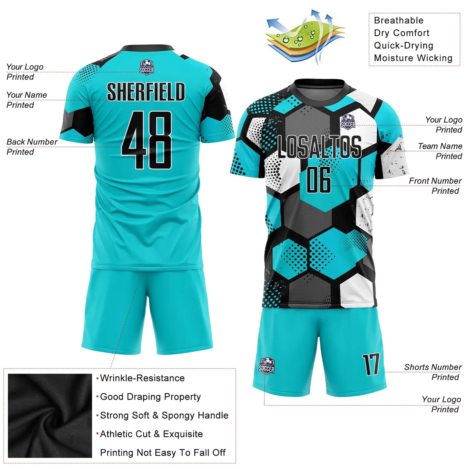 Custom Soccer Jersey Aqua Black White Sublimation, Team Uniform Kit, Custom Name Number, Unisex Men Women Youth