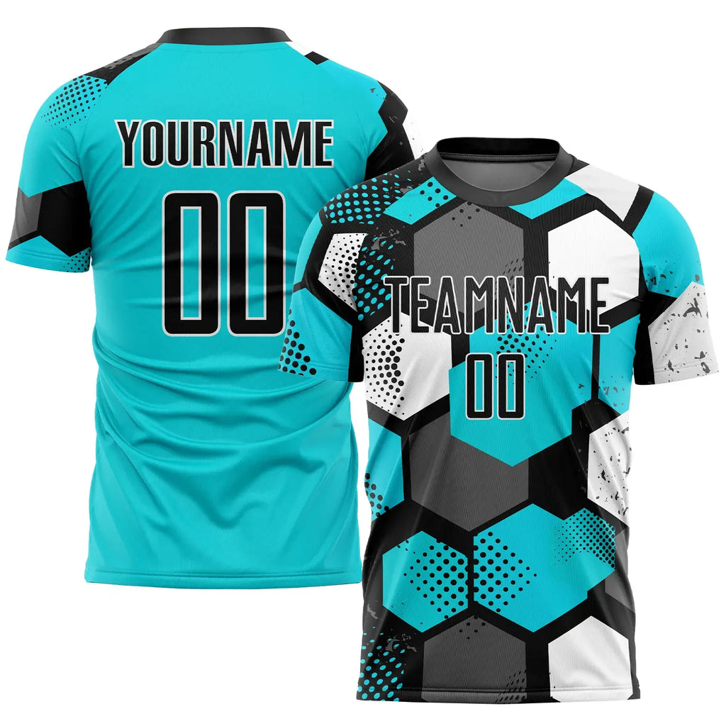 Custom Soccer Jersey Aqua Black White Sublimation, Team Uniform Kit, Custom Name Number, Unisex Men Women Youth