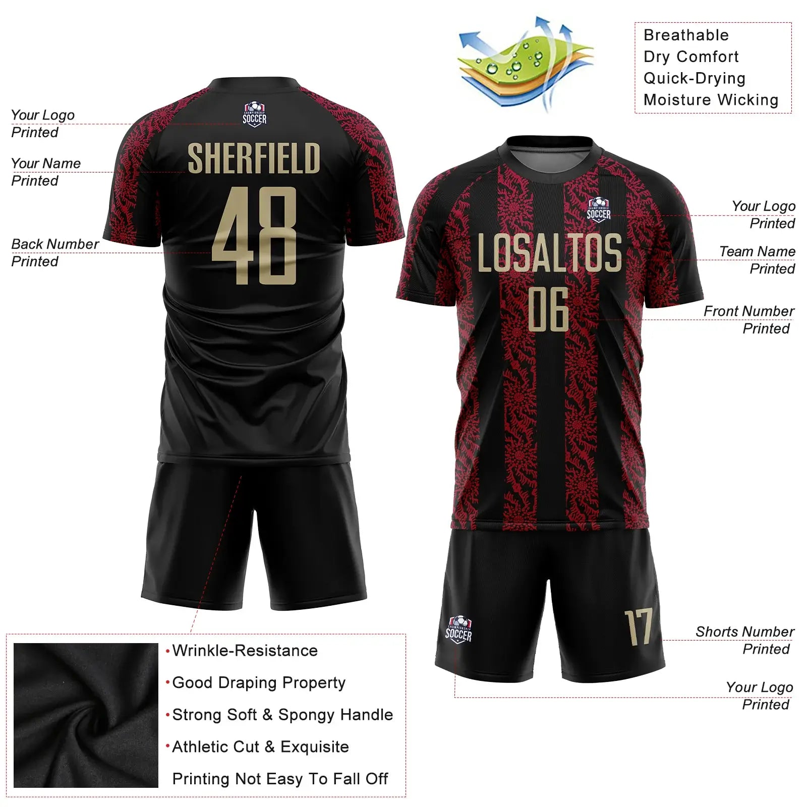 Custom Soccer Jersey Black Vegas Gold Red Sublimation, Team Uniform Kit, Custom Name Number, Unisex Men Women Youth