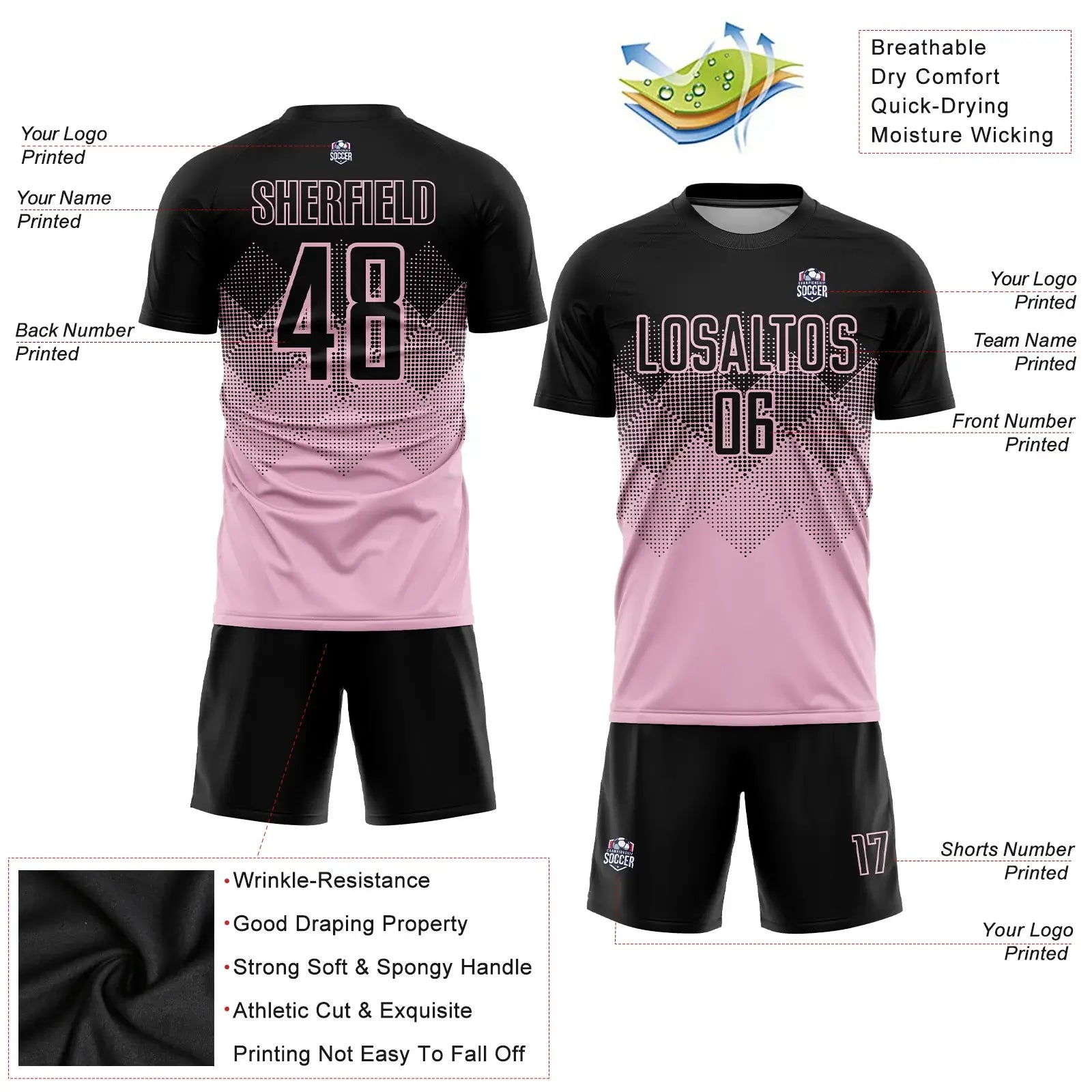 Custom Soccer Jersey Light Pink Black Sublimation, Team Uniform Kit, Custom Name Number, Unisex Men Women Youth