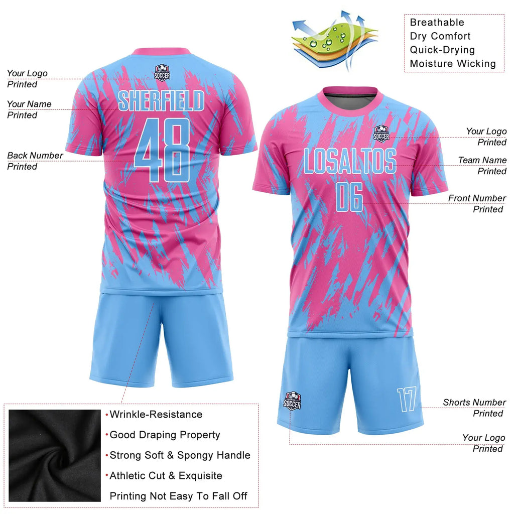 Custom Soccer Jersey Pink Light Blue White Sublimation, Team Uniform Kit, Custom Name Number, Unisex Men Women Youth