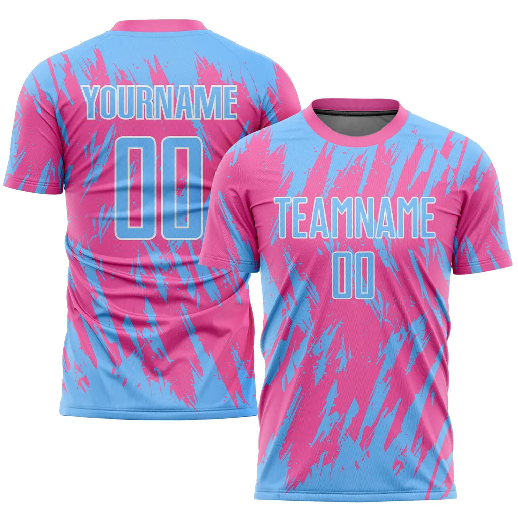 Custom Soccer Jersey Pink Light Blue White Sublimation, Team Uniform Kit, Custom Name Number, Unisex Men Women Youth