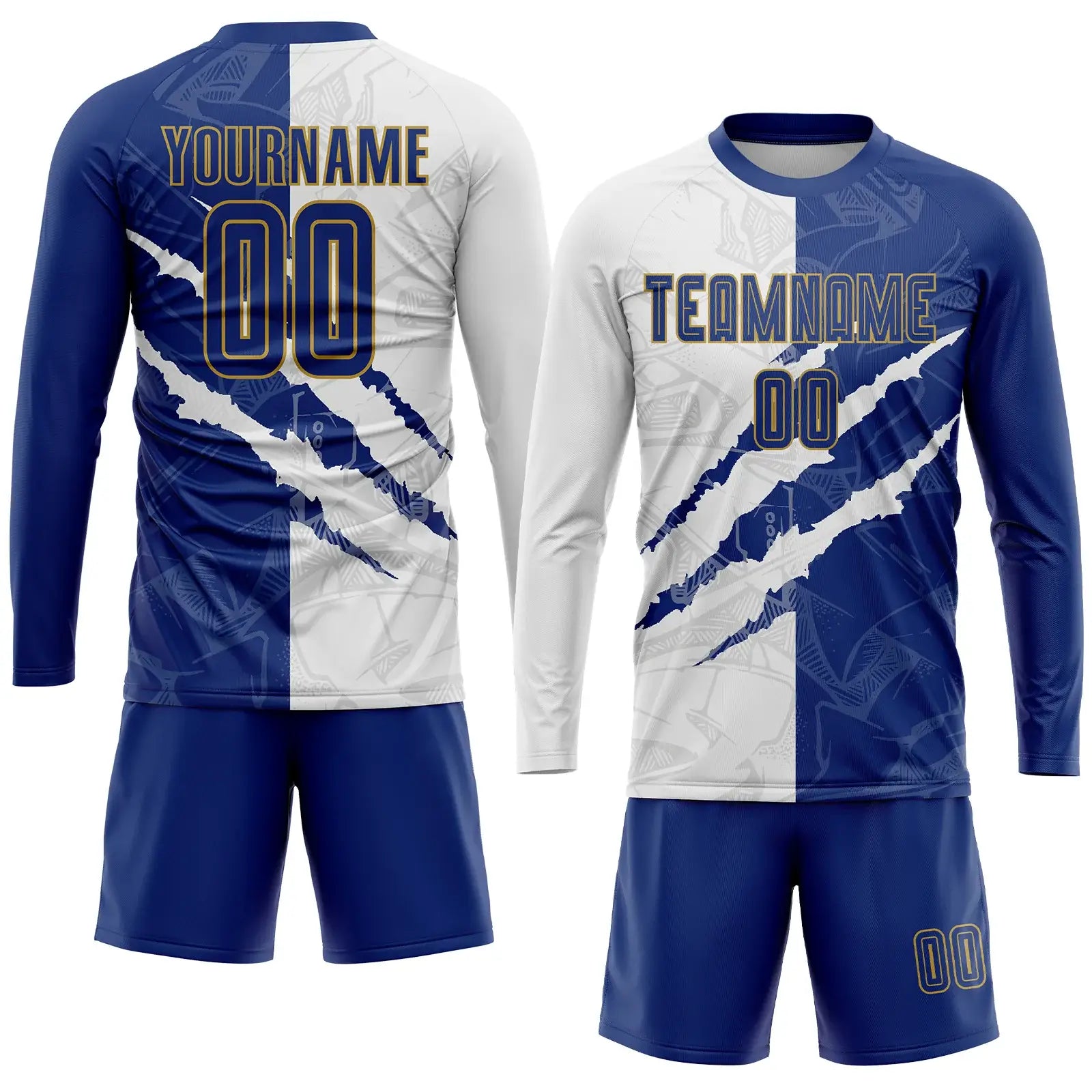 Custom Soccer Jersey Graffiti Royal Blue White Old Gold Sublimation, Team Uniform Kit, Custom Name Number, Unisex Men Women Youth