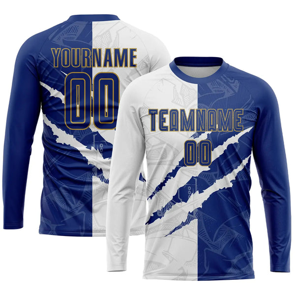 Custom Soccer Jersey Graffiti Royal Blue White Old Gold Sublimation, Team Uniform Kit, Custom Name Number, Unisex Men Women Youth