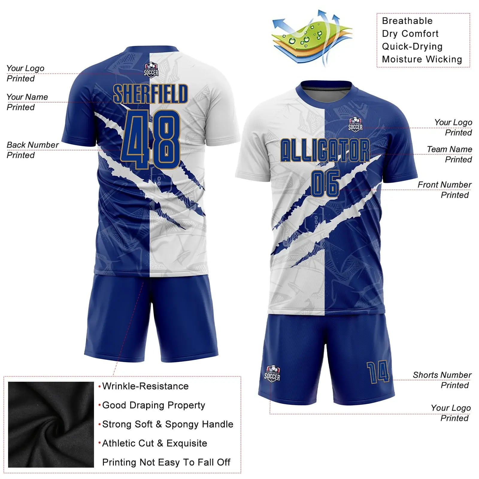 Custom Soccer Jersey Graffiti Royal Blue White Old Gold Sublimation, Team Uniform Kit, Custom Name Number, Unisex Men Women Youth